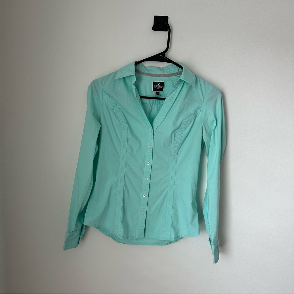 Express The Essential Baby Blue Button Down Blouse